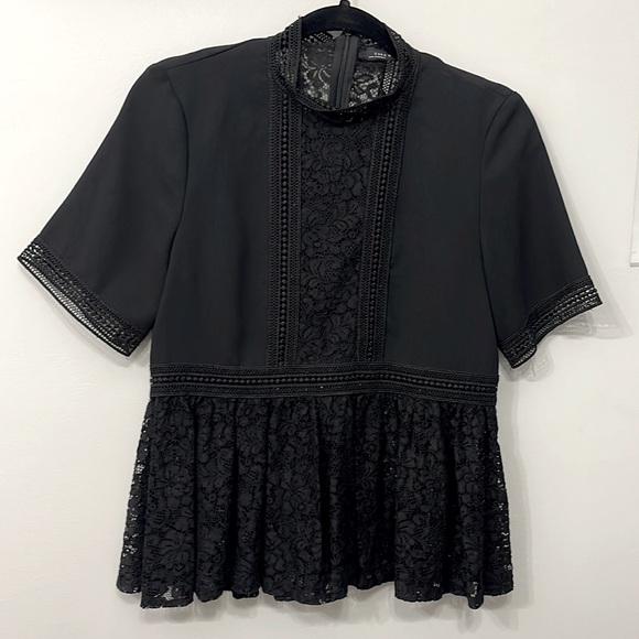 Zara Womens Sz s Black Lace Crochet High Neck Peplum Short Sleeve Blouse Top - Picture 1 of 11